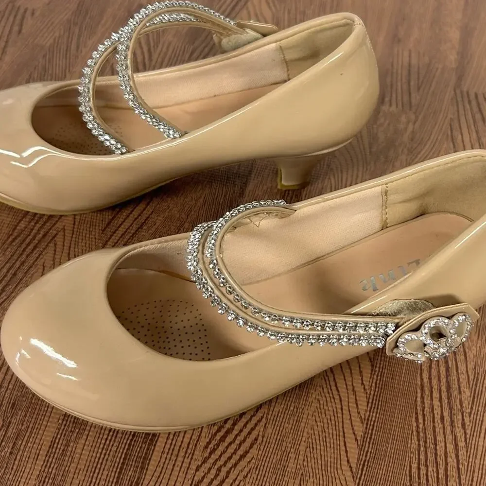 Link Girls Size 3 Nude Patent Mary Jane Heels Rhinestone Strap Dress Shoes